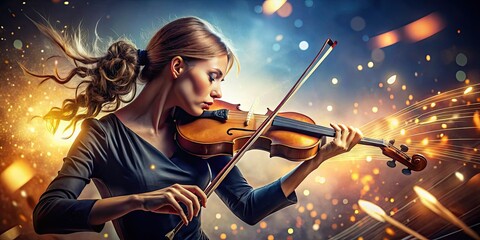 Fototapeta premium Elegant Violin with Flowing Music Notes Creating a Harmonious Melody in a Beautiful Setting