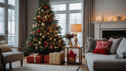 Stylish interior of living room with decorated Christmas tree