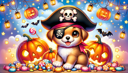 Naklejka premium Tiny puppy dressed as pirate standing on candy pile surrounded by jack-o'-lanterns, Halloween-themed background with playful atmosphere