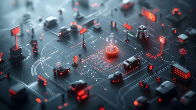 Seamless of autonomous vehicles smart traffic signals and pedestrian pathways capturing the dynamic flow of a future mobility hub expressed in a digital surrealist style with an ethereal