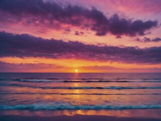 Obraz premium A colorful sunset sky over the ocean, with streaks of purple, pink, and gold blending together as the sun dips below the horizon 
