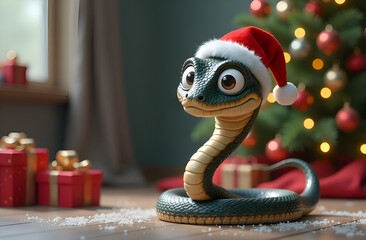 Fototapeta premium snake in a New Year's hat on the background of a Christmas tree, symbol of the year