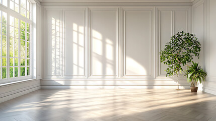 Fototapeta premium Sunlight streams through a large window in an empty room with white walls and wooden floors. Two potted plants add a touch of green to the minimalist space.