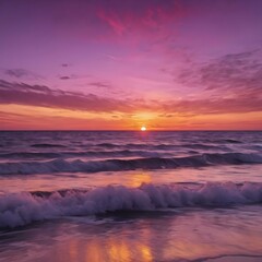 Fototapeta premium A colorful sunset sky over the ocean, with streaks of purple, pink, and gold blending together as the sun dips below the horizon 