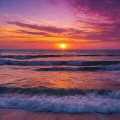 Fototapeta premium A colorful sunset sky over the ocean, with streaks of purple, pink, and gold blending together as the sun dips below the horizon 
