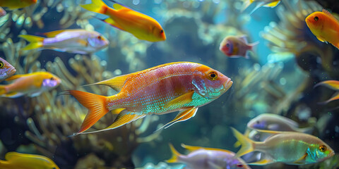 Fototapeta premium A school of colorful fish swimming contentedly in their aquarium at the aquatic veterinary center.