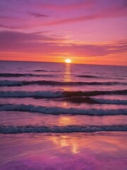 Obraz premium A colorful sunset sky over the ocean, with streaks of purple, pink, and gold blending together as the sun dips below the horizon 