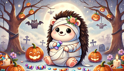 Chubby hedgehog dressed as mummy sitting on candy pile in a fun Halloween forest scene with glowing pumpkins and bats