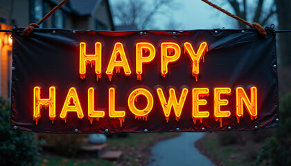 A close-up shot of a neon sign with the words "Happy Halloween" in a dripping font, hanging from a rope in a front yard. The sign is glowing brightly, creating a festive and eye-catching display.