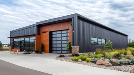 Fototapeta premium Exterior of a modern warehouse with a small office unit, featuring contemporary design, large windows, and metal siding, highlighting a professional and organized business environment