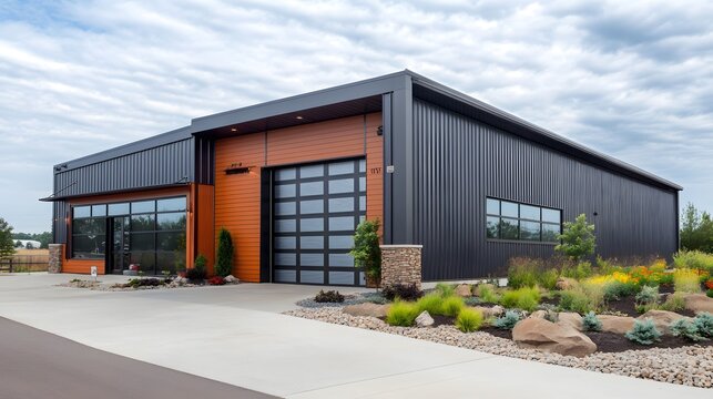 Exterior of a modern warehouse with a small office unit, featuring contemporary design, large windows, and metal siding, highlighting a professional and organized business environment