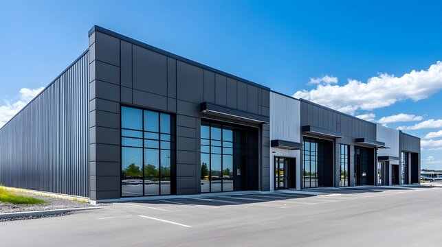 Exterior of a modern warehouse with a small office unit, featuring contemporary design, large windows, and metal siding, highlighting a professional and organized business environment