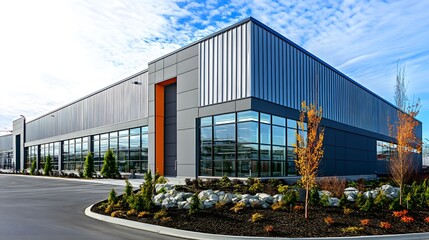 Exterior of a modern warehouse with a small office unit, featuring contemporary design, large windows, and metal siding, highlighting a professional and organized business environment