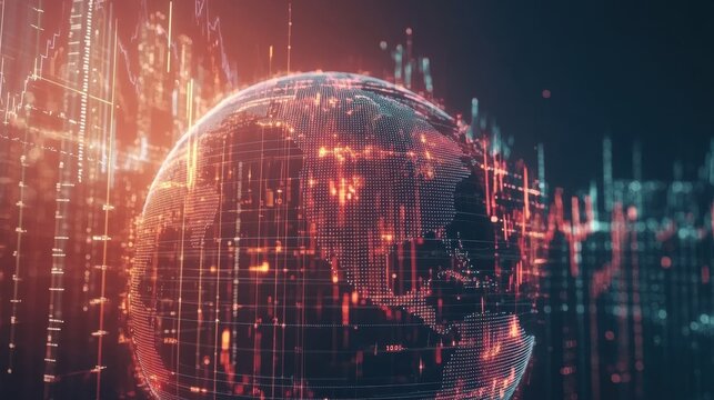 Abstract financial transaction lines encircle a virtual globe, representing the flow of global commerce and the digital economy.