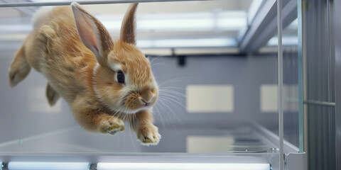 A young rabbit hopping around its cage during a routine health check-up at the exotic animal clinic.