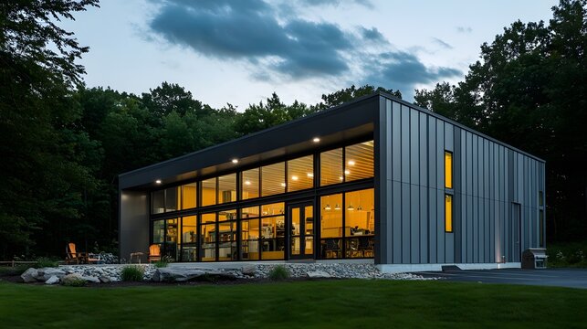 Exterior of a modern warehouse with a small office unit, featuring contemporary design, large windows, and metal siding, highlighting a professional and organized business environment