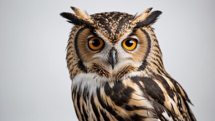Fototapeta premium Close Up of Owl perched on a branch and isolated on a white background. 