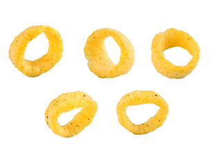 onion flavored corn snack in ring shape isolated in various angles isolated collection