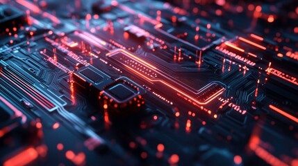 Fototapeta premium Circuit Board with Red Neon Lights