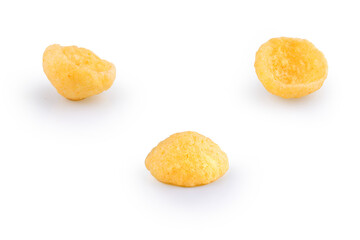 shell-shaped corn snack isolated in three angles with shadow transparent background