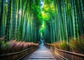 Explore the enchanting bamboo forest of Sagano, Kyoto, where lush greenery envelops you in a calm embrace, creating a pristine oasis of tranquility.