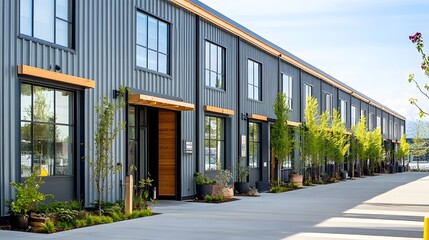 Exterior of a modern warehouse with a small office unit, featuring contemporary design, large windows, and metal siding, highlighting a professional and organized business environment