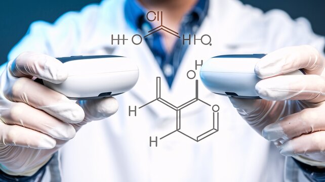 A close-up of a chemist's hands holding a VR controller to manipulate a virtual 3D model of an organic compound, studying the molecular bonds in detail.