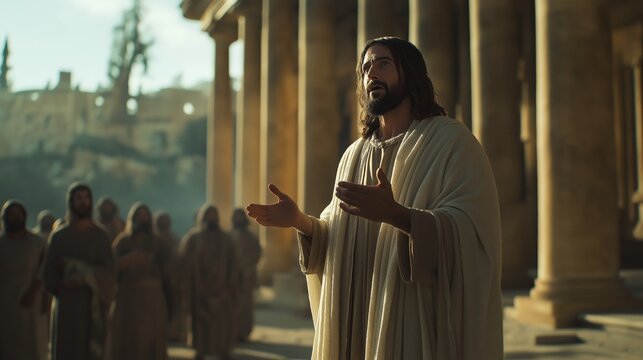 Jesus  speaks to people outside the temple