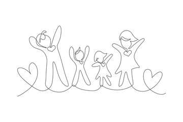 Continuous minimalist one line drawing of a happy family with hearts. Symbolizing love, unity, and togetherness, perfect for family, parenting, relationships, and emotional bonding concepts, Editable 