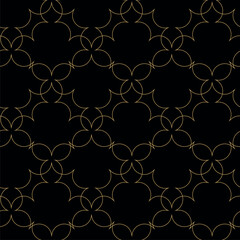 Abstract geometric pattern with crosses, stripes, lines. Seamless vector background. Black and gold ornament. Modern reticulated graphic design.