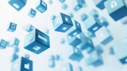 Abstract background of floating blue cubes with various icons representing online payments and digital technology.