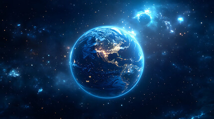 Obraz premium The scene has a space effect with a starry sky, a blue glow, and Planet Earth in the foreground, all against a dark background design with glowing neon light effects and a glowing white galaxy design