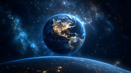 Obraz premium The scene has a space effect with a starry sky, a blue glow, and Planet Earth in the foreground, all against a dark background design with glowing neon light effects and a glowing white galaxy design