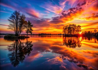 Golden hues dance across a calm lake at sunset, while dark silhouettes of trees enhance the enchanting and romantic atmosphere of this serene moment.