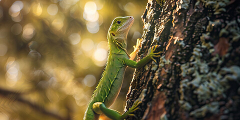 A green lizard skittering up a tree trunk, its scaled body blending seamlessly with the bark.