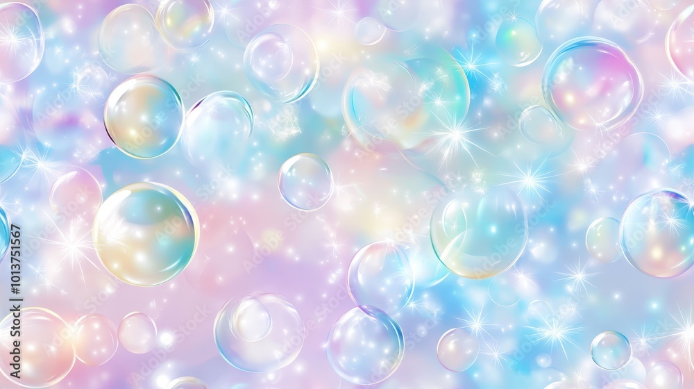 Wall mural seamless pattern of transparent soap bubbles floating against a light blue background, creating a pl
