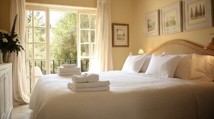 Obraz premium A bright, airy bedroom with white towels carefully folded on a bed, surrounded by elegant decor and natural light filling the room.
