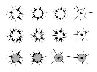放射状に広がる衝撃のエフェクトのシルエット素材セット