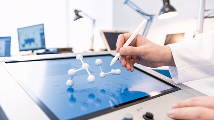 A close-up of a chemist's hand using a stylus to manipulate a virtual 3D model of a molecule on a touchscreen, demonstrating molecular interaction analysis.
