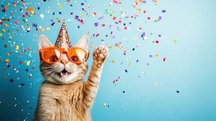 Orange tabby cat in a party hat and orange sunglasses with colorful confetti on a blue background. Playful celebration concept.