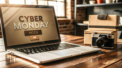 3D Minimalistic Laptop and Credit Card with Cyber Monday Banner on Plain Background - Perfect for Online Shopping Promotions