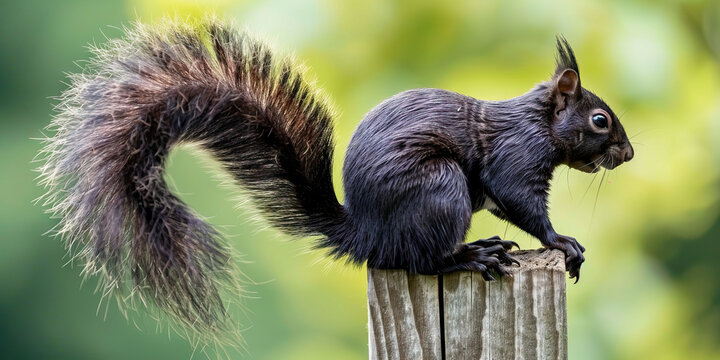 A black squirrel clinging to a wooden fence post, its bushy tail flicking back and forth as it searches for acorns.