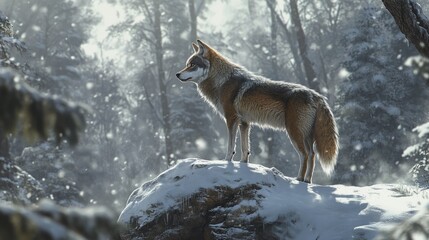 Obraz premium A Eurasian wolf standing on a snowy rock, looking out over a snow-covered forest. Its fur glistens in the cold light, while the dense woods stretch into the distance.