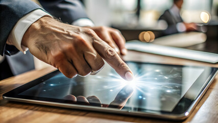 Macro Close-Up of Hand Swiping on Glowing Tablet Showing Cyber Monday Deals � Digital Shopping Concept Illustration
