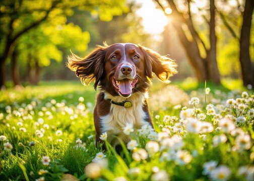In a lush green park, a joyful Springador frolics under the sun, surrounded by blooming flowers, reveling in the vibrant spirit of a sunny day.