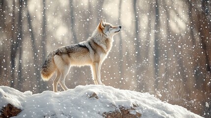A lone Eurasian wolf standing atop a snow-covered hill, looking out over a dense forest. The white snow highlights the wolf's thick, gray coat as it surveys its territory.