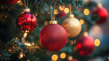 Beautifully decorated Christmas tree with vibrant ornaments and warm bokeh lights, creating a festive holiday atmosphere.