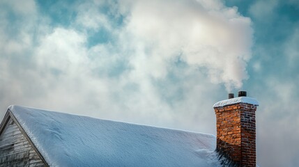 A rustic brick chimney releasing soft white smoke on a cold winter morning. The smoke swirls upwards into the frosty air, surrounded by snowy rooftops.