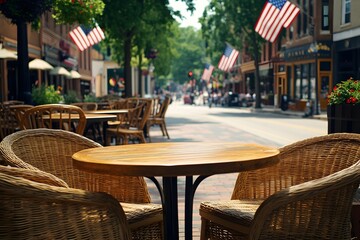Vibrant outdoor cafe with American flags, wooden tables, bustling street, sunny patriotic day
