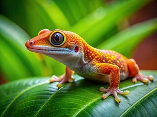 Obraz premium In a vibrant green setting, a cute baby gecko relaxes atop a leaf, perfectly blending into its natural habitat and radiating charm with its playful presence.